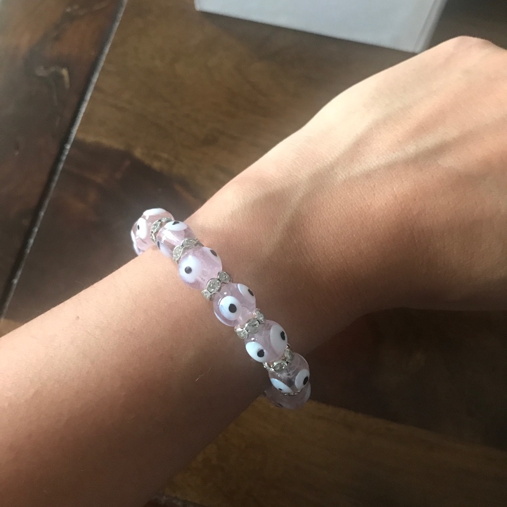 Pink evil eye bracelet / rhinestones and beads